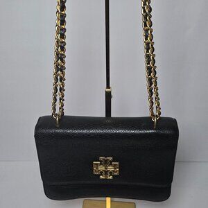Tory Burch Britten Combo Crossbody Shoulder Bag Black Pebbled Leather Gold Chain